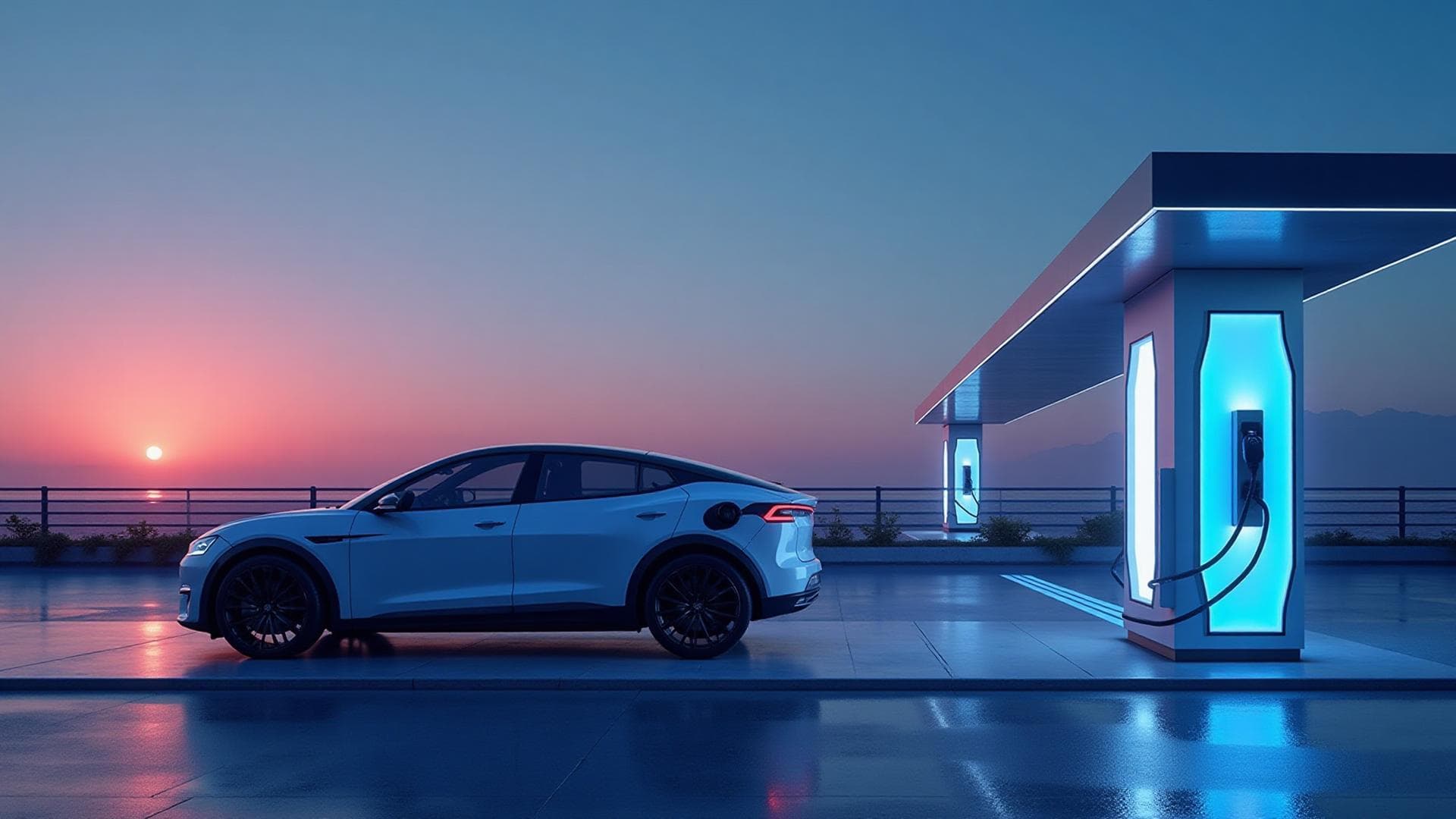 Weißes Elektroauto neben einer beleuchteten Ladesäule in der Abenddämmerung